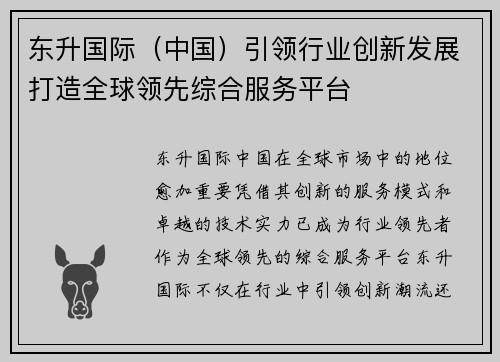 东升国际（中国）引领行业创新发展打造全球领先综合服务平台